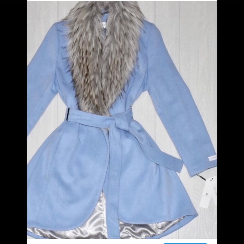 Calvin Klein Sky Blue Cape with Faux Fur Trim